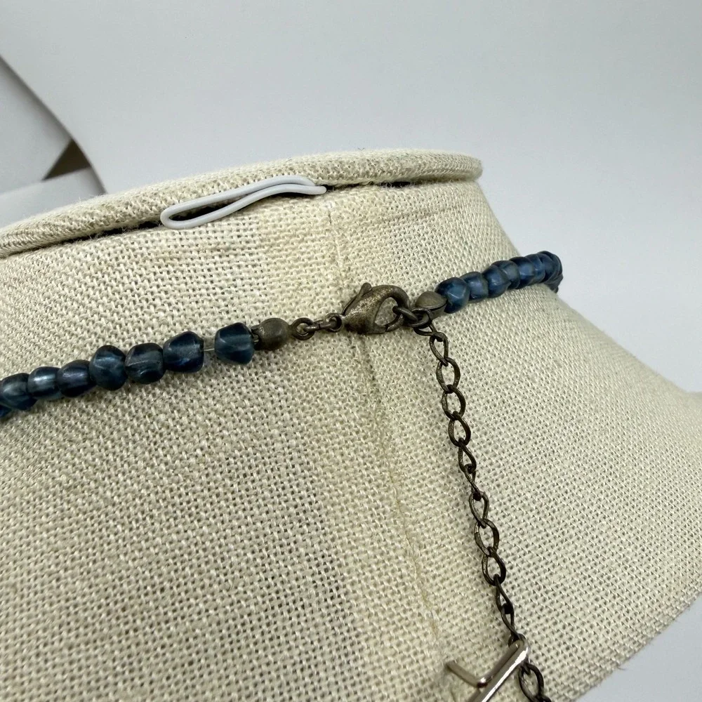 Blue White Porcelain Floral Bead Necklace Carved Acrylic Boho Statement Gift